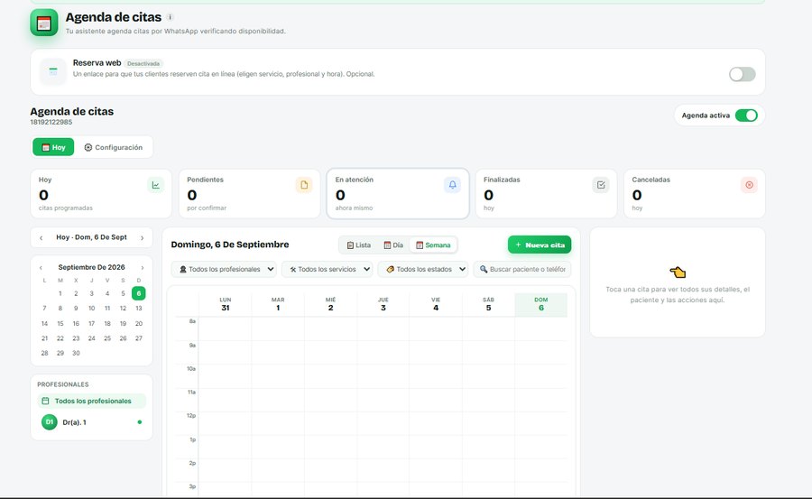 Panel de agenda de citas de Waflowi con calendario semanal y profesionales