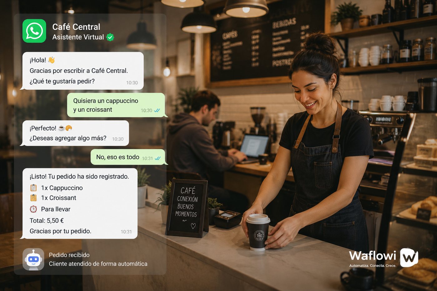 Asistente de Waflowi tomando un pedido por WhatsApp para un restaurante, con el total calculado automáticamente
