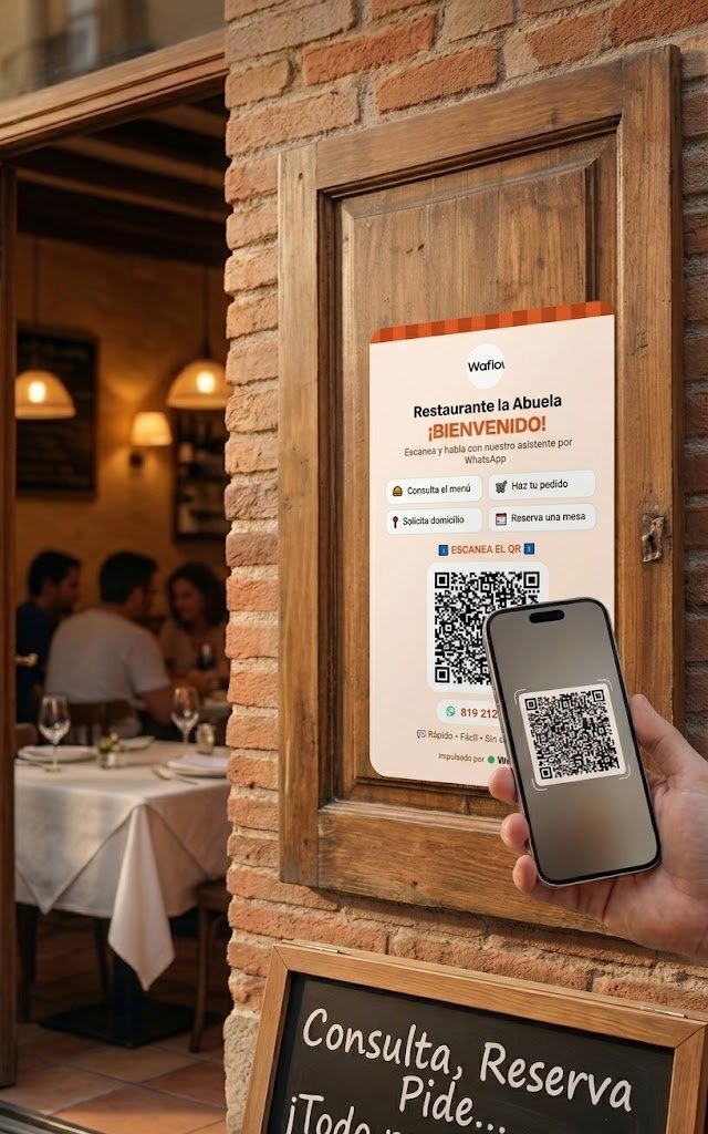 Cartel de Waflowi con QR en la puerta de un restaurante