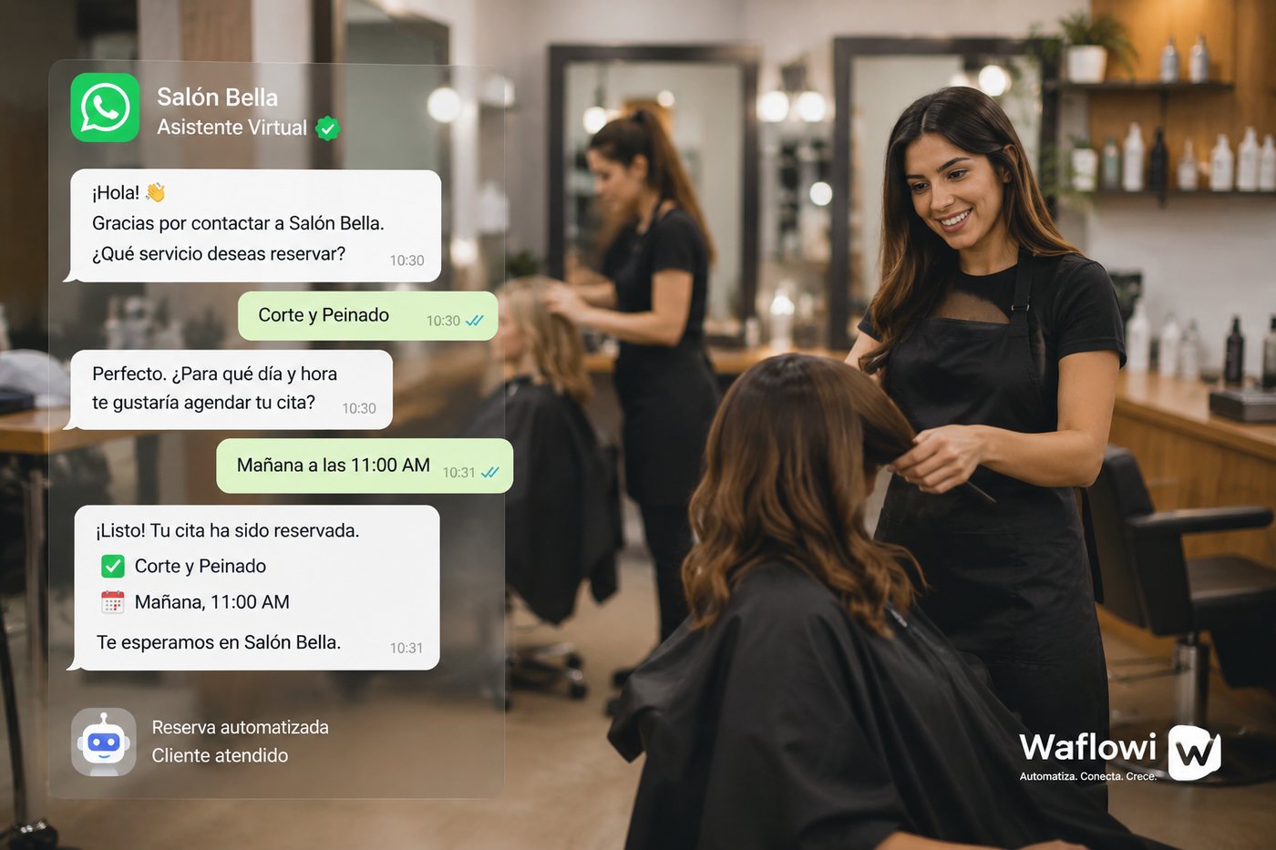 Waflowi agendando una cita por WhatsApp para un salón de belleza